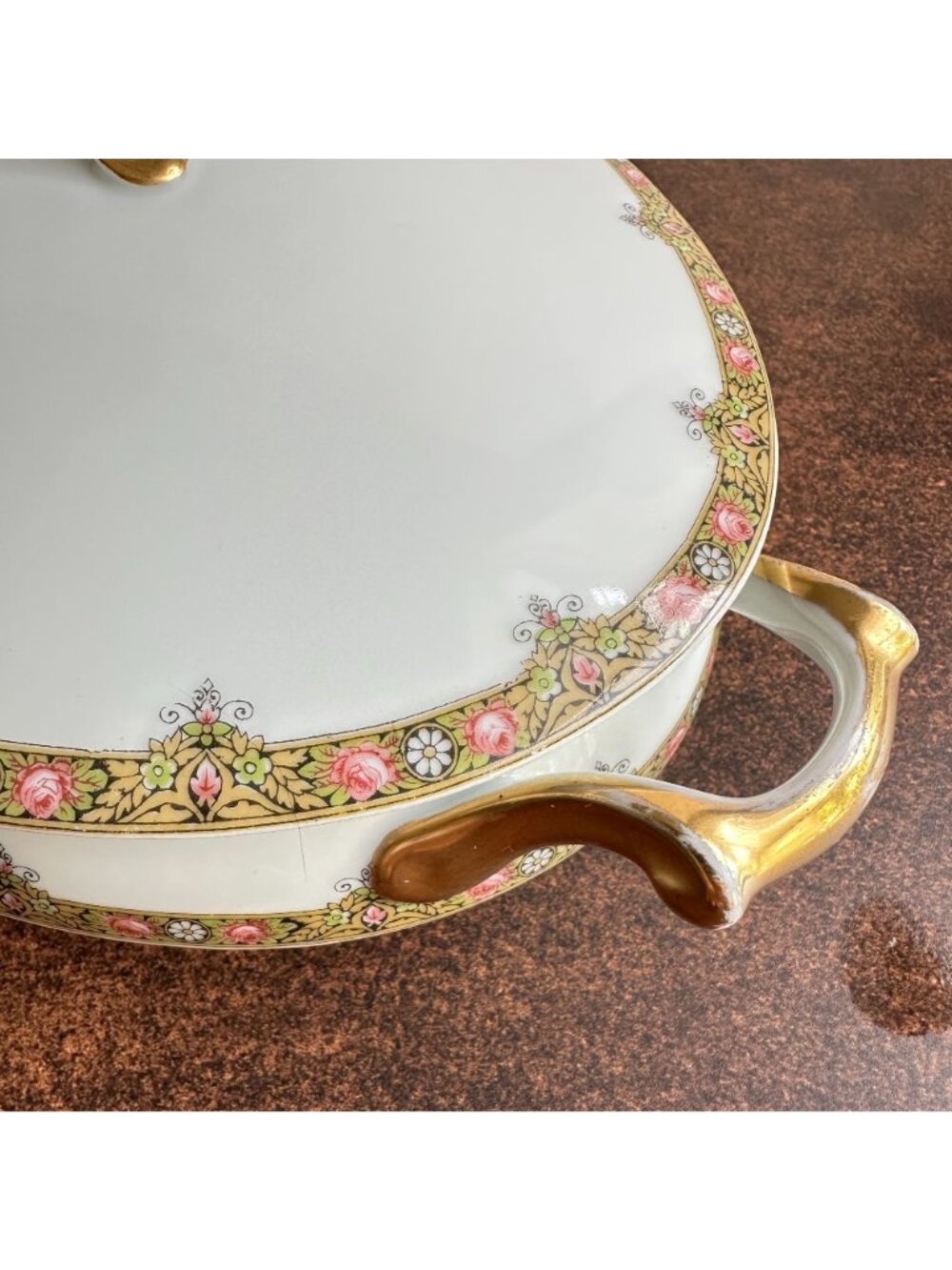 Antique Limoges Covered Vegetable Tureen A Lanternier LNT39 Pink Roses Gold Gilt - Picture 6 of 12